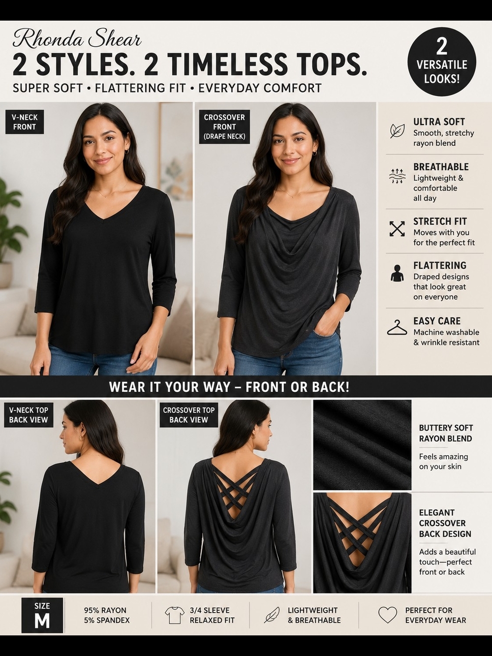 Rhonda Shear Black Convertible 2-in-1 V-Neck & Crossover Top